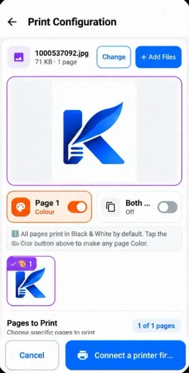 KatterPrint app: Choose pages and settings